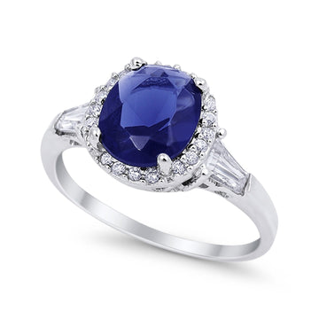 Halo Engagement Ring Baguette Simulated Blue Sapphire CZ 925 Sterling Silver